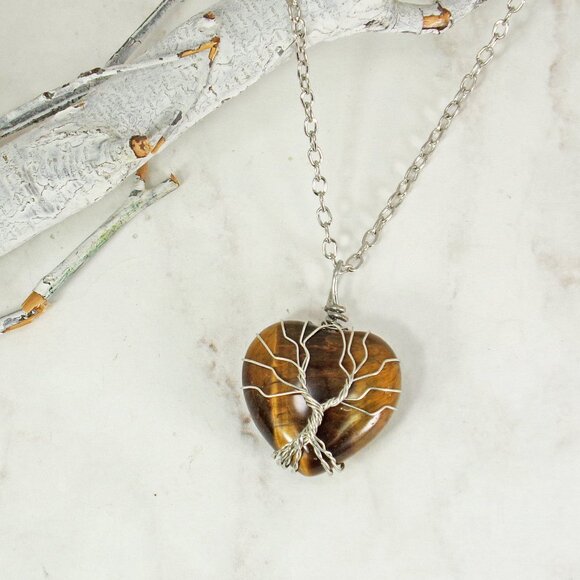 Tree of life heart pendant necklace with brown tiger eye heart stone - Picture 7 of 8